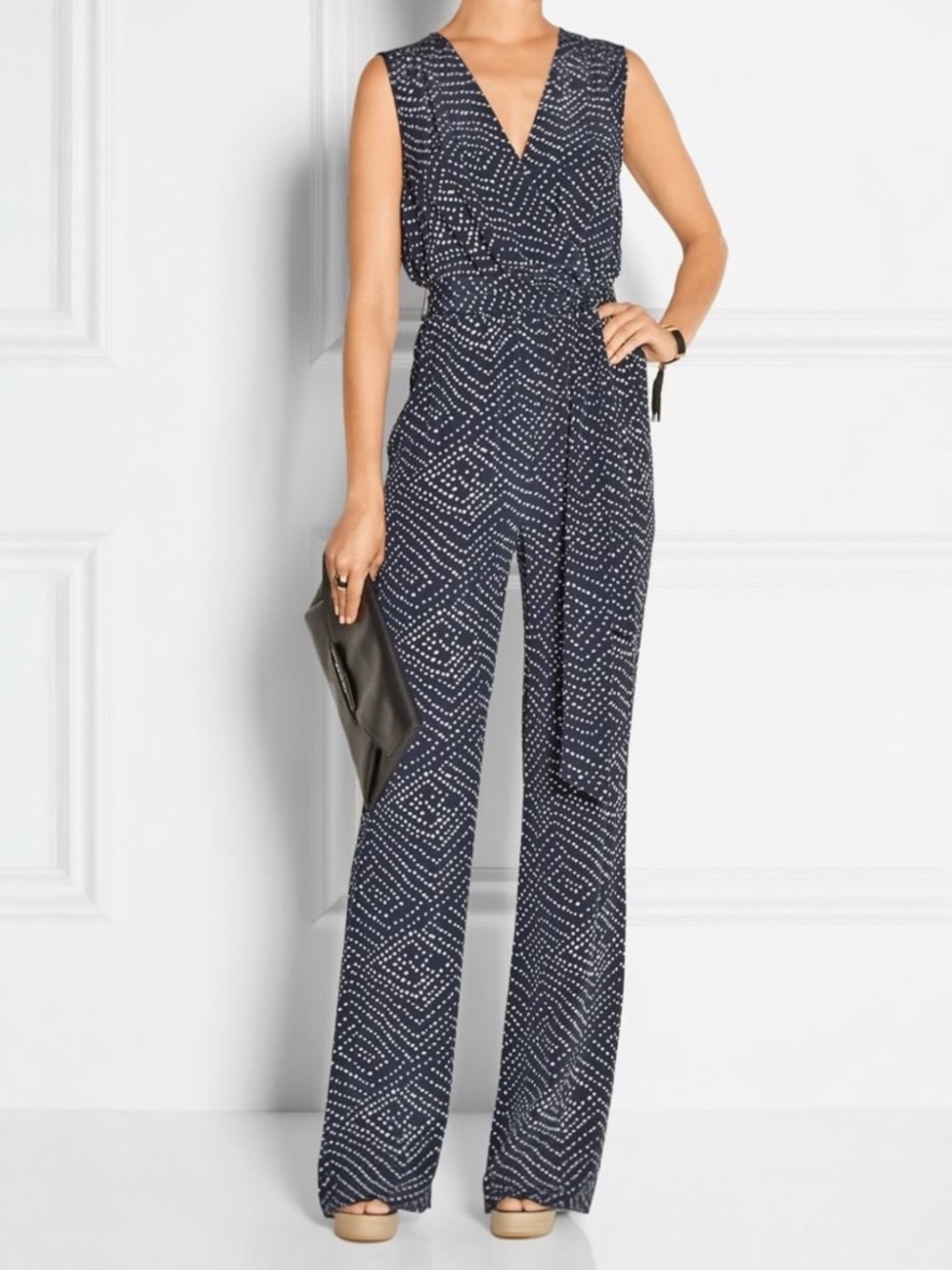 Like New [DVF] Silk Navy Blue White Polka Dot Sleeveless V Jumpsuit | 2 · XS
